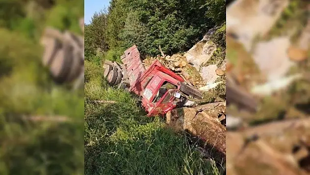 Tomruk yüklü kamyon uçuruma yuvarlandı: 2 yaralı