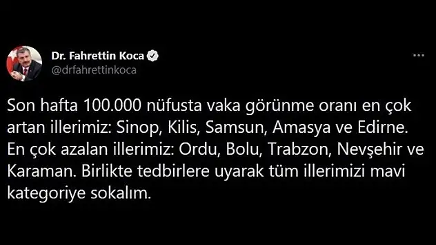 İşte vaka oranı artan ve azalan iller!