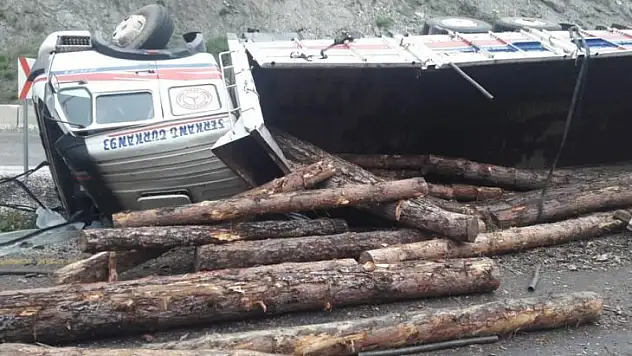 Devrilen kamyondaki tomruklar otomobilin üstüne düştü: 2 yaralı