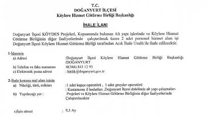 Doğanyurt Kaymakamlığı ihale ile operatör alacak