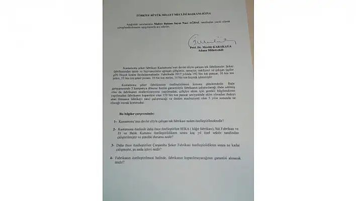 MHP, Kastamonu Şeker Fabrikasının sorunu ile ilgileniyor