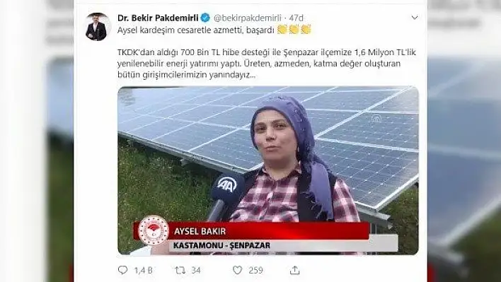 Bakan Pakdemirli'den kadın girişimciye destek