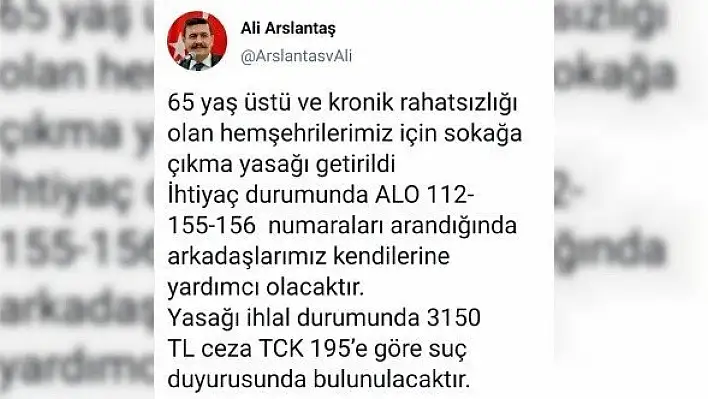Erzincan'da 65 yaş ve üzeri keyfi dışarı çıkana 3 bin 150 TL ceza!